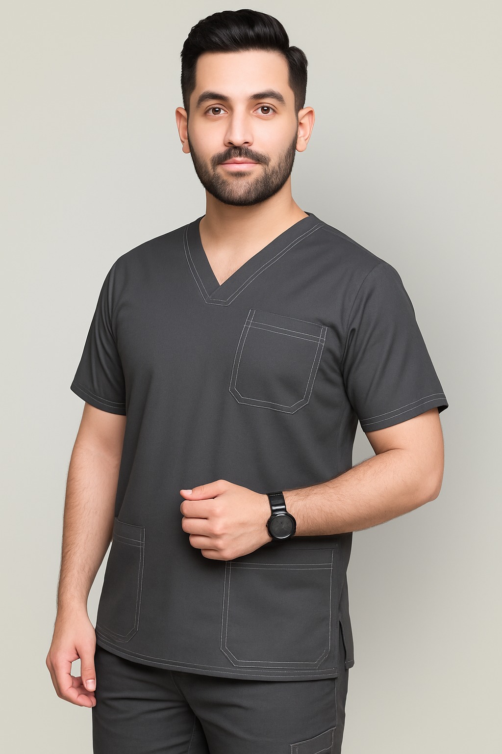 Double stitch men’s scrub suit with V-neck top and cargo pants in premium fabric for doctors in Pakistan