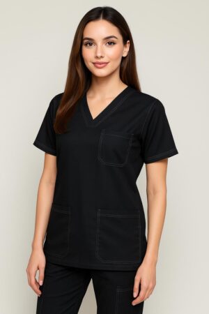Professional female healthcare worker wearing a black double stitch scrub suit with V-neckline and multiple utility pockets, ideal for medical staff in Pakistan. Durable & stylish ot kit