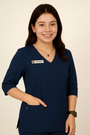 Basic women's scrub suit in light color featuring V-neckline top, quarter sleeves, and pajama-style trousers, designed for medical professionals.Comfortable & Affordable OT Wear