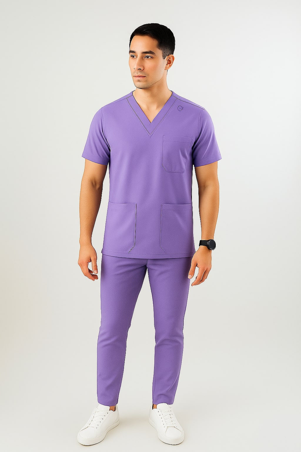 Male model wearing slim fit navy medical scrub suit with V-neck top and matching tapered pants.