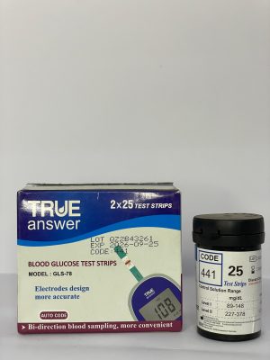True Answer glucometer sugar test strips pack of 50 for accurate glucose testing in Pakistan.True Answer Glucometer Test Strips