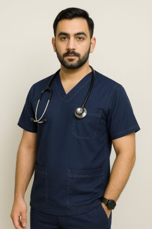 Double stitch men’s scrub suit with V-neck top and cargo pants in premium fabric for doctors in Pakistan