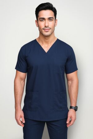 Affordable high-quality Prince men’s scrub in navy blue with V-neck and multiple pockets, modeled by a male doctor, ideal for medical professionals in Pakistan. Men's Scrub in Pakistan